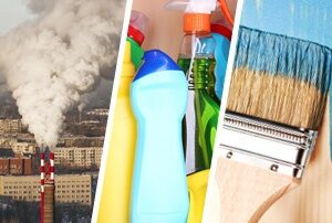 Photo collage of industrial pollution, cleaning products, and a paintbrush.