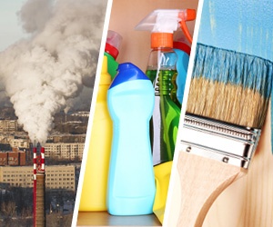 Photo collage of industrial pollution, cleaning products, and a paintbrush.