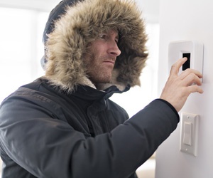 Man wearing a black parka adjusting the inside thermostat.