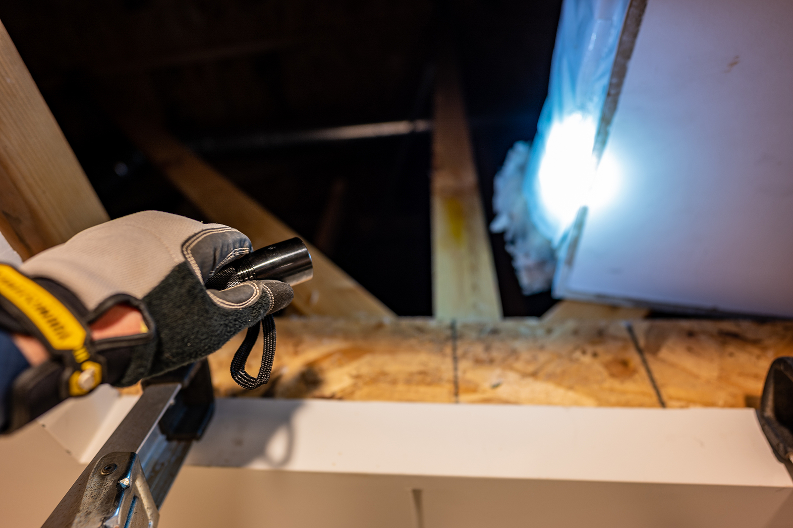 Gloved hand shining a hand held flashlight into an open attic entrance.