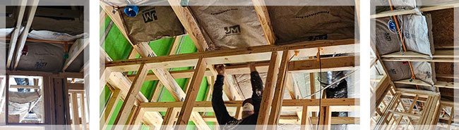 photo collage of attic and sprinkler insulation being installed by a Hayes Insulation tech