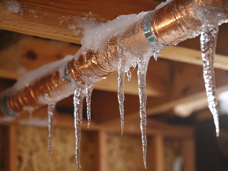 Close-up of a frozen, burst water pipe in a north american home, with icicles forming.