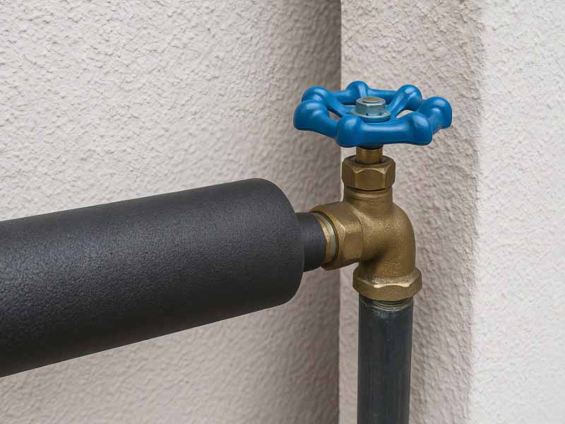 Insulated water pipe with valve attached to wall for efficient and safe water flow in industrial or home plumbing systems. concept of utility, water management, energy efficiency.