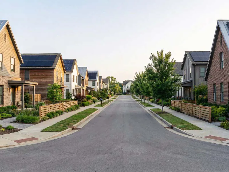 Tree-lined residential street with modern homes featuring solar panels and wood fence landscaping at dusk.